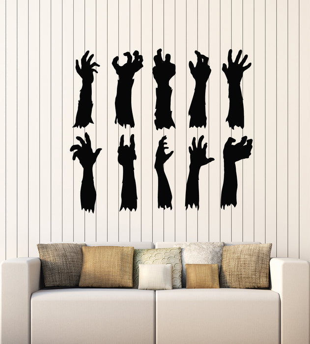 Vinyl Wall Decal Happy Halloween Zombie Hands Spooky Haunted Stickers Mural (g7799)
